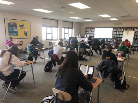 The high school library has been re-configured this year as a large group classroom.